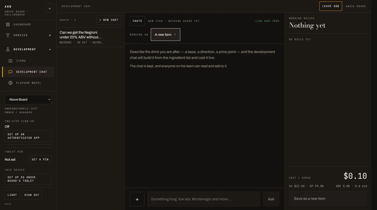 The development chat with a working recipe panel showing cost per serve, gross profit and ABV