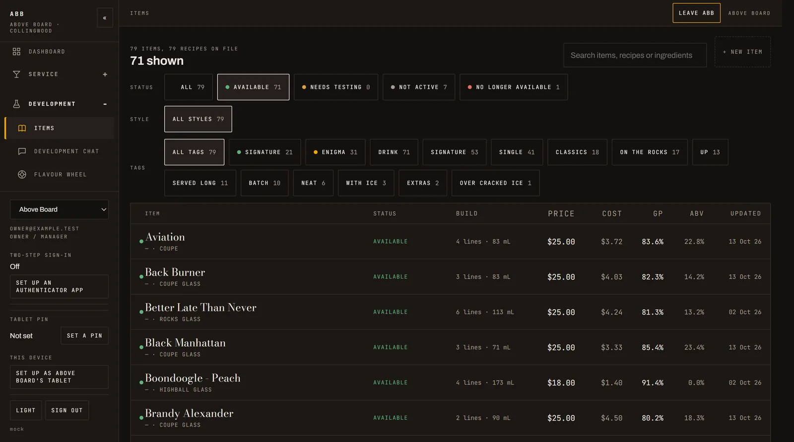 BarOS items screen: 79 items with status, build, price, cost, gross profit and ABV for each, filtered by tags such as Signature and Enigma