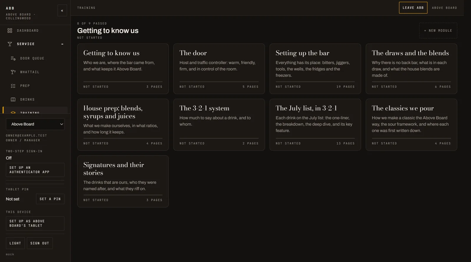 Training modules written by the bar, with pages and progress