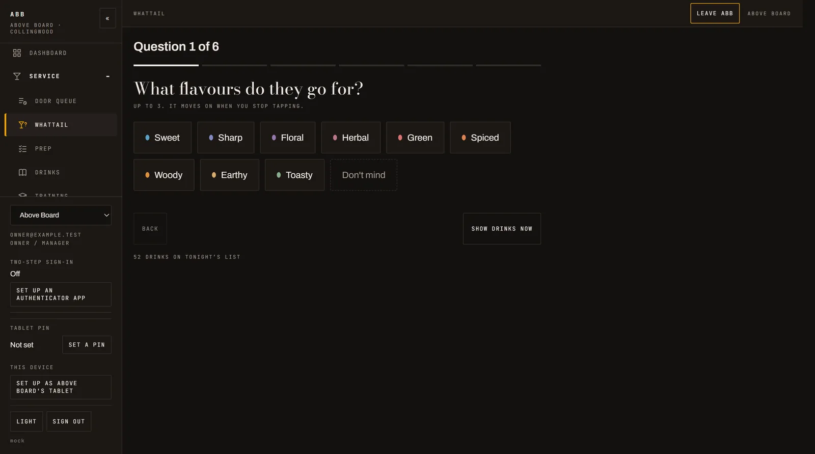 WhatTail asking which flavours a guest goes for